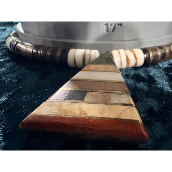 Boho Inlaid Stone Triangle Pendant Necklace Natural Wood Bone Beads - Picture 7 of 10